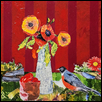 Story of Reds & Greens: Still Life with Vase of Poppies  & Robin on the Table